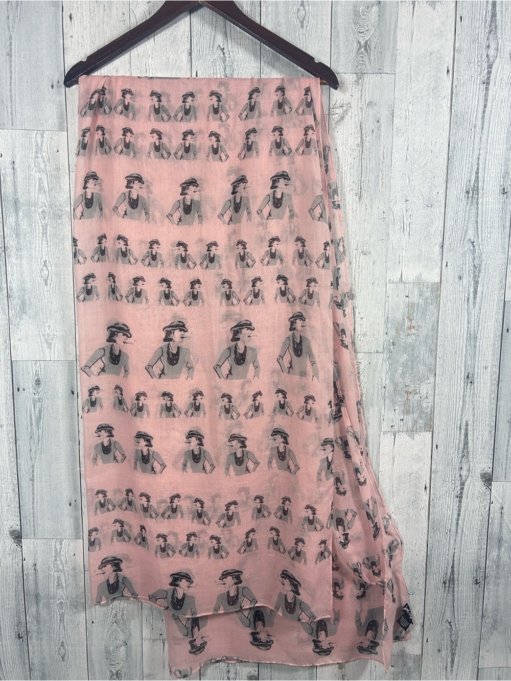 Lord & Taylor Pink Gray Art Deco Lady Graphic Large Scarf Wrap 40x78